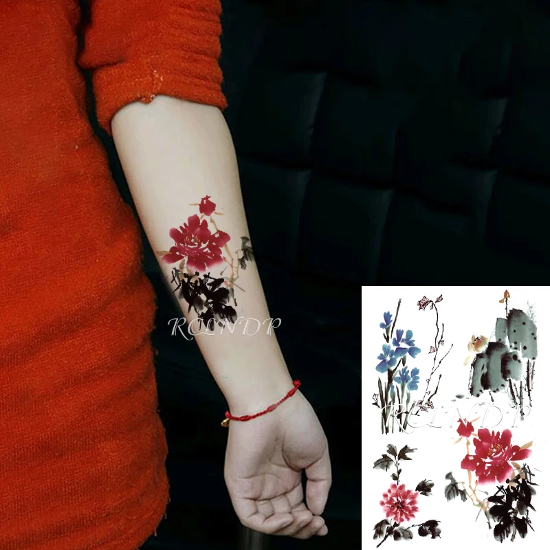 

Waterproof Temporary Tattoo Sticker Peony Lotus Flower Chinese Ink-water Element Fake Tatto Flash Tatoo Art for Women Men girl