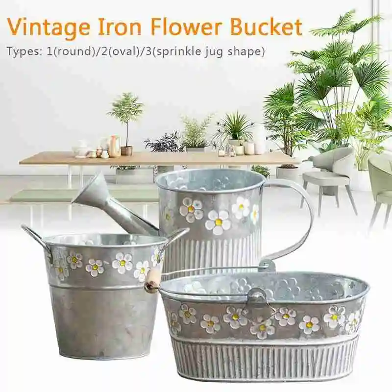 

Vintage Bucket Flower Pot Iron Home Retro Flower Vase Garden Flowerpot Succulent Decor Planting Display Stand Living Decoration