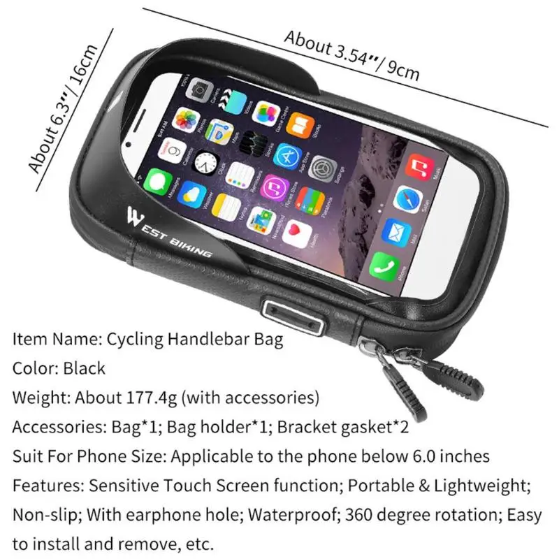 WEST BIKING ударопрочный велосипедный смартфон черная сумка MTB руль верхняя трубка сенсорный экран сумки водонепроницаемые пакеты