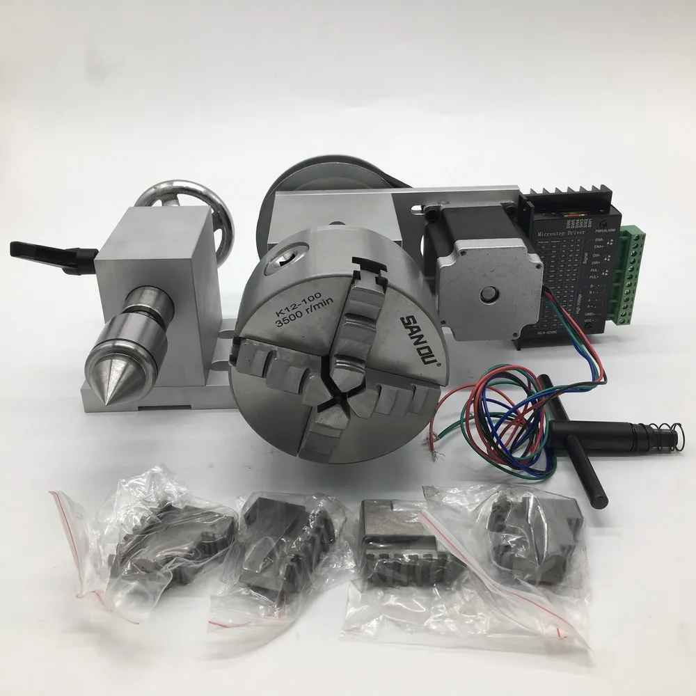 

4 Axis Rotation A Axis Extend Rotary 4 Jaw 100mm K12-100 Chuck & Nema23 Motor & MT2 Tailstock for Wood Metal Plastic CNC Milling