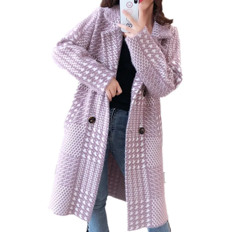 Модная свободная Длинная шерстяная смесь, Женское пальто, клетчатая Повседневная Женская куртка, двубортное корейское женское модное пальто