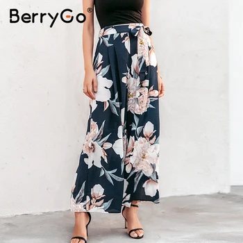 

BerryGo Sash loose print wide leg pants women Elastic floral boho casual pants female 2018 Summer beach high waist trousers