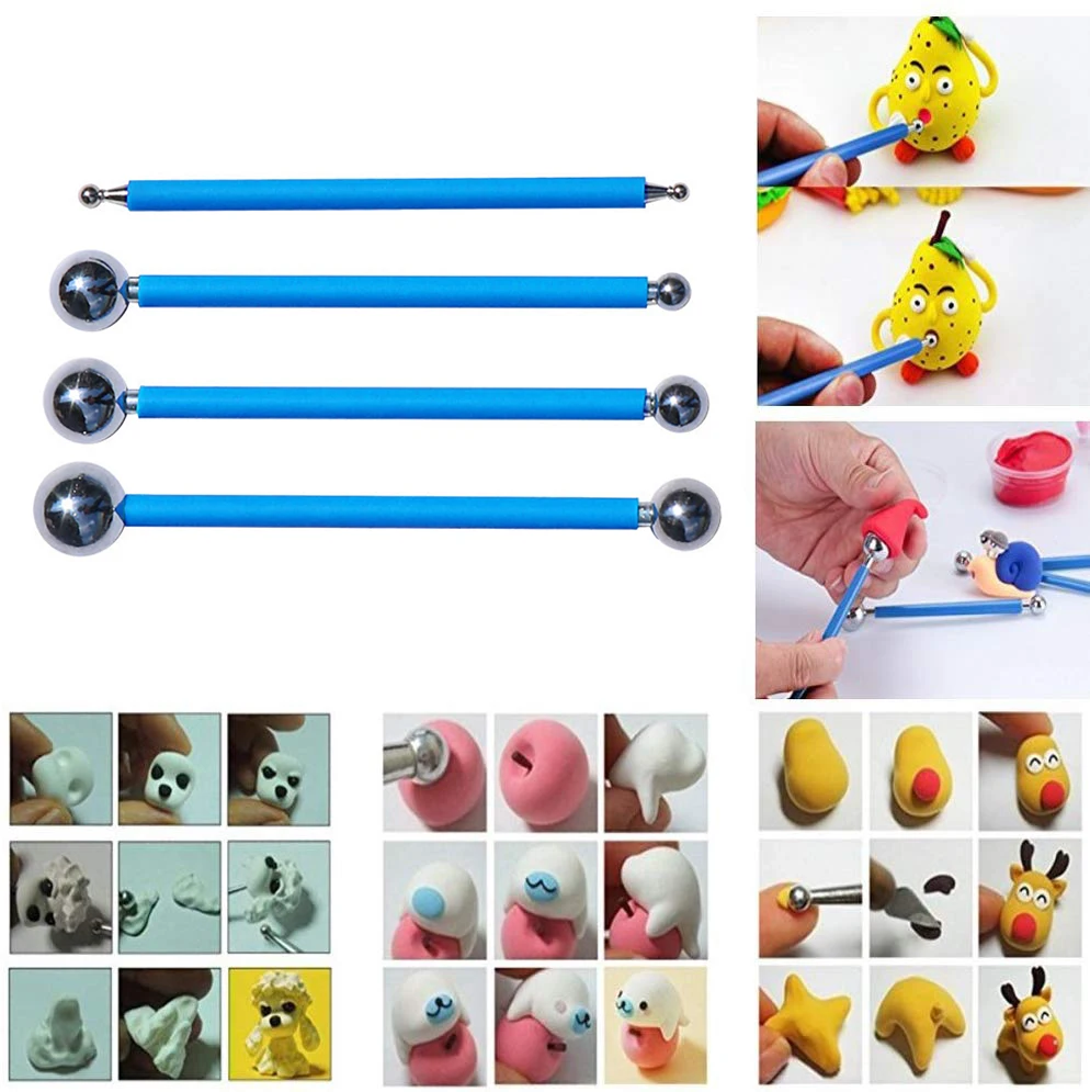 4Pcs Polymer clay tools clay sculpting tools clay craft tool ball stylus embossing rolling pin 8 head pen sugar craft ball model DIY tool fondant cake decorating clay sculpting tools