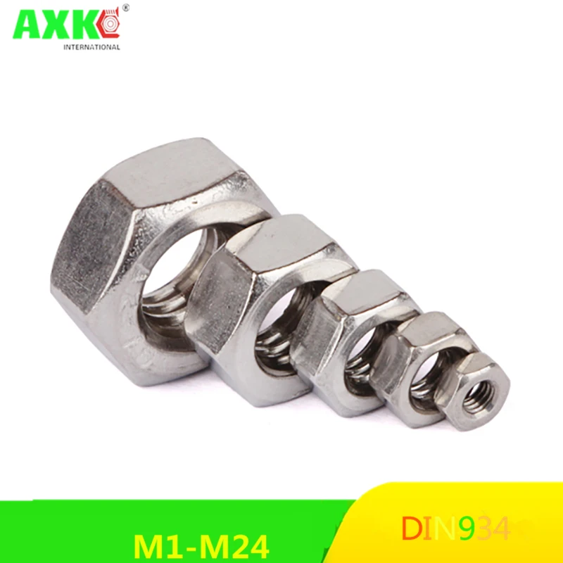 DIN934  A2 304 Stainless Steel Hex Hexagon Nut for M1 M1.2 M1.4 M1.6 M2 M2.5 M3 M4 M5 M6 M8 M10 M12 M16 M20 M24 Screw Bolt