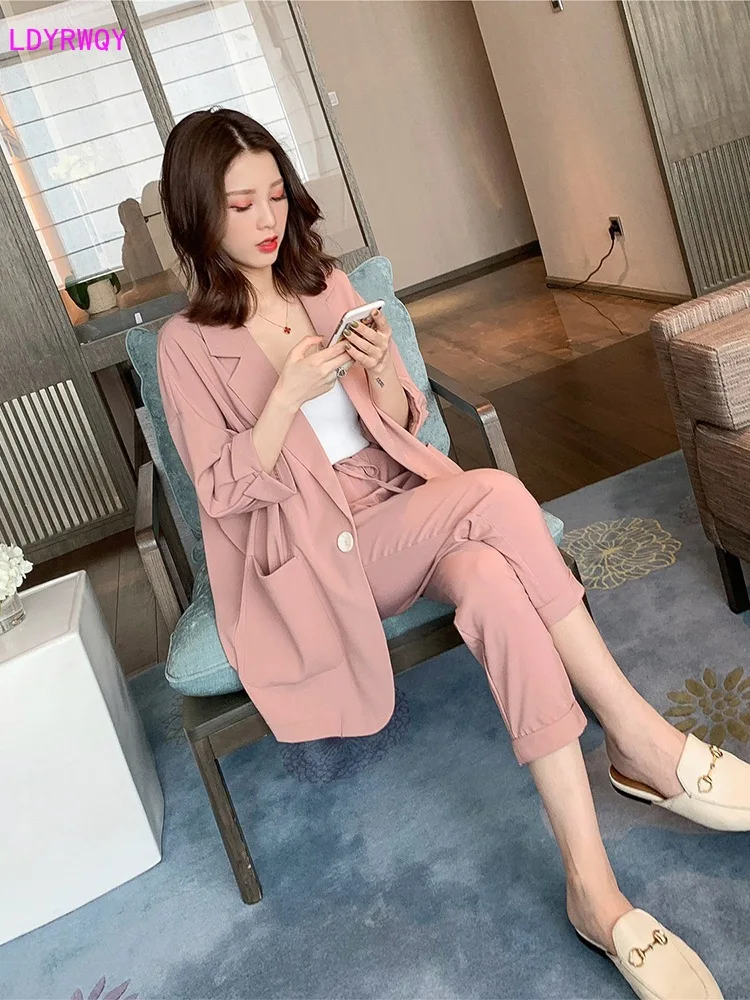 

LDYRWQY spring and summer new Korean women's casual seven-point sleeve small suit high waist elastic trousers two-piece