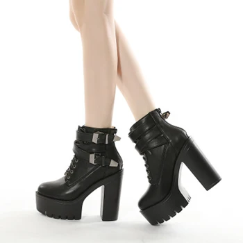 comprar Botas De Tornozelo Preto Feminino Goth Plataforma Sapatos De Renda Até Fivela Cruz Amarrado Saltos Quadrados Grossos Zip Bombas Femininas Plus Size 2020