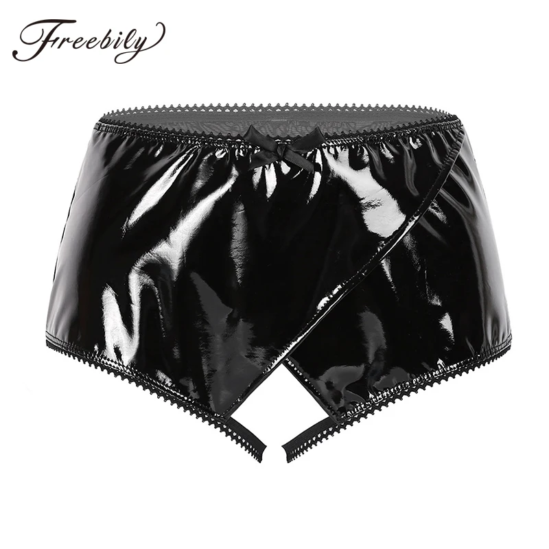 

Womens Sexy Panties Wet Look Patent Leather Lingerie High Waist Wrapped Design Mesh Spliced Back Crotchless Briefs Underwear