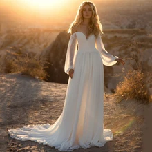

Sexy Deep V-Neck Wedding Dress 2022 A-Line Chiffon Sweep Train Spaghetti Straps Bridal Gown Robe De Mariée Puff Sleeves Pleat