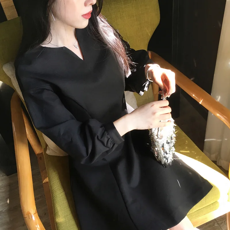 

Hepburn-Style Black And White with Pattern Dress 2019 Autumn New Style Retro Slimming Laziness-Style INS Super Fire Long Sleeve