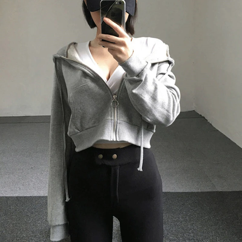 

Women Cropped Hoodies Sweatshirt Streetwear Casual Solid Long Sleeve Zipper Hooded Sweatshirt Tops Sweat Femme Coa