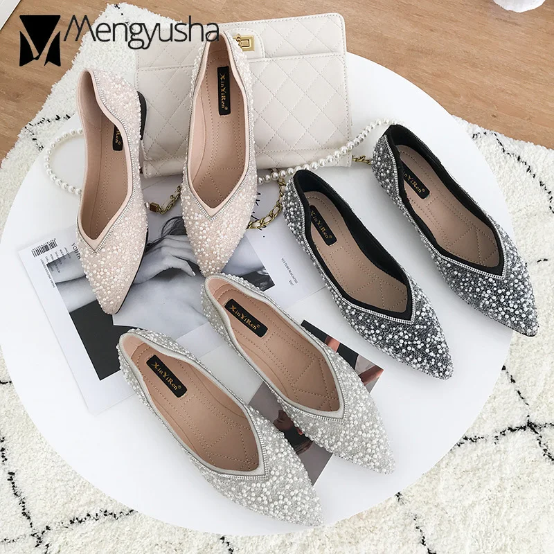 Стразы Женская обувь на плоской подошве с острым носком роскошные свадебные