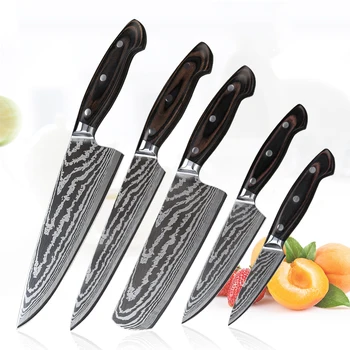 

5PCS Kitchen Knife Set Laser Damascus Pattern Stainless Steel Knife Cleaver Slicing Utility Chef Kitchen Knife Pro Cooking Tools