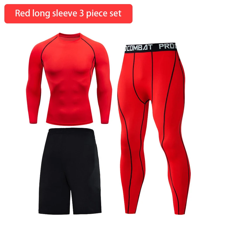 Red long sleeve 3 шт./компл. Для мужчин спортивный костюм тренажерный зал Фитнес тренажерный зал одежда бег спортивная одежда тренировки колготки - Цвет: Red long sleeve