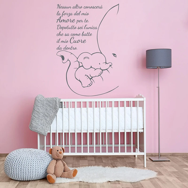 Cartoon Italian Elephant How My Heart Beats Wall Sticker Baby Nursery Kids Room Modern Italian Heart Quote Animal Wall Decal Art (3)