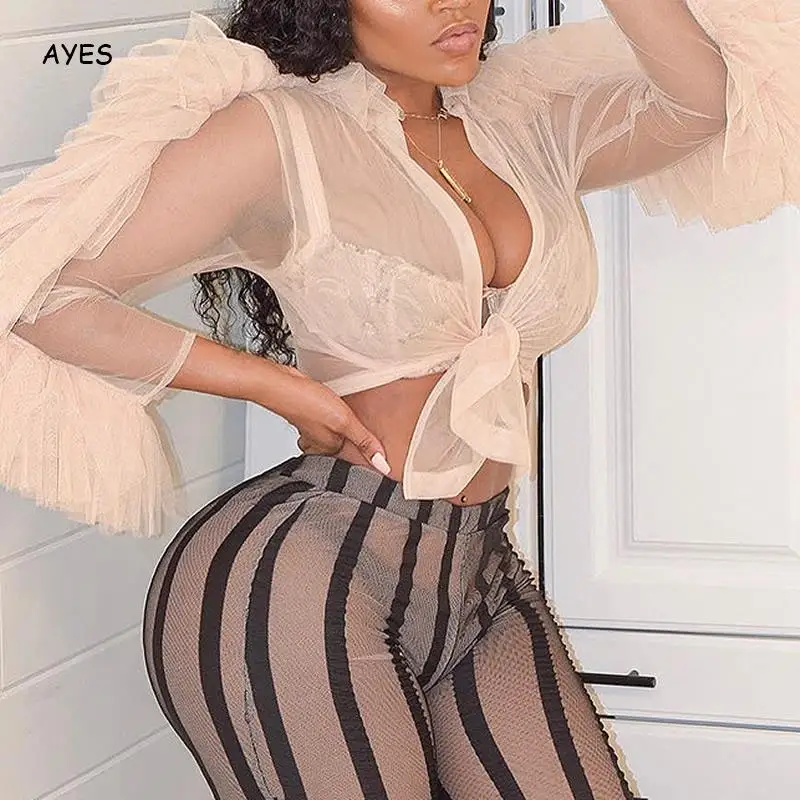 

Sexy Women Mesh Shirts Short Transparent Blouses Tops Long Puff Sleeve Blouse Lady See Through Bowknot Tie Shirt Blouse Clubwear