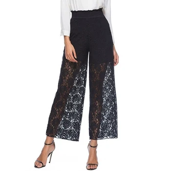 

Transparent Sexy Lace Crochet Pants Women Hollow Out High Waist Loose Wide Leg Pants Women Black Loose Casual Office Trousers