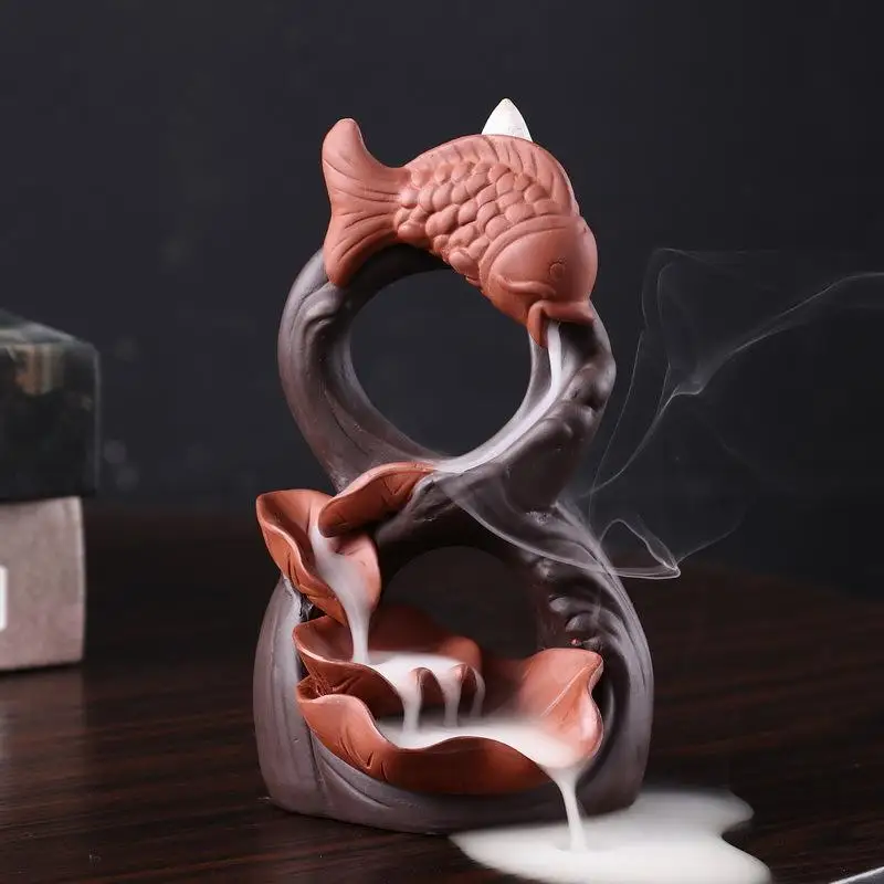 Creative home interior decoration golden jade full house goldfish carp lotus leaf incense backflow burner gift | Дом и сад