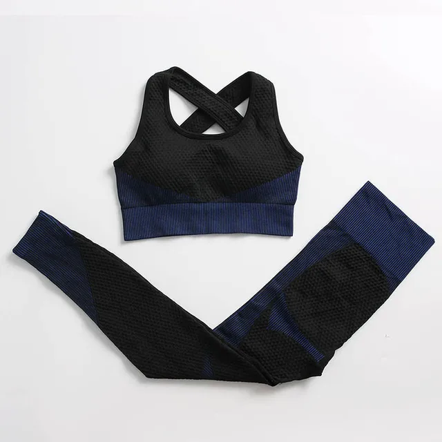 2/3PCS Women's Sportswear Seamless Yoga Set Workout Gym Clothing Fitness Long Sleeve Crop Top High Waist Leggings Sports Suits Style 1 Blue