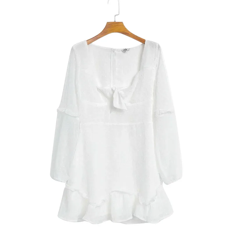 Conmoto элегантные женские белые короткие вечерние платья осенне-зимние модные шифоновые мини-платья в горошек с длинным рукавом и бантом Vestidos - Цвет: Белый