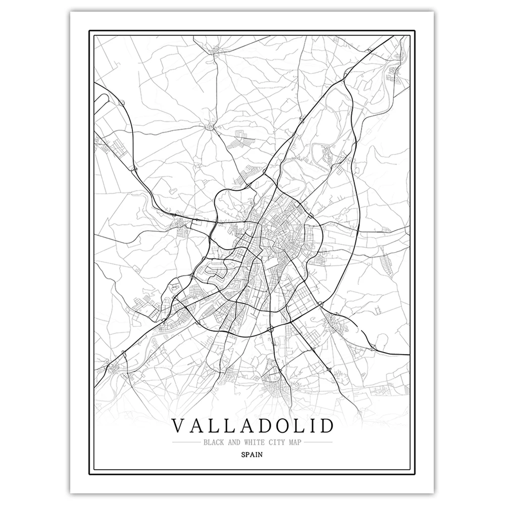Испания черный белый мир Карта города плакат Скандинавская гостиная стены искусства картины Домашний декор холст живопись - Цвет: Valladolid
