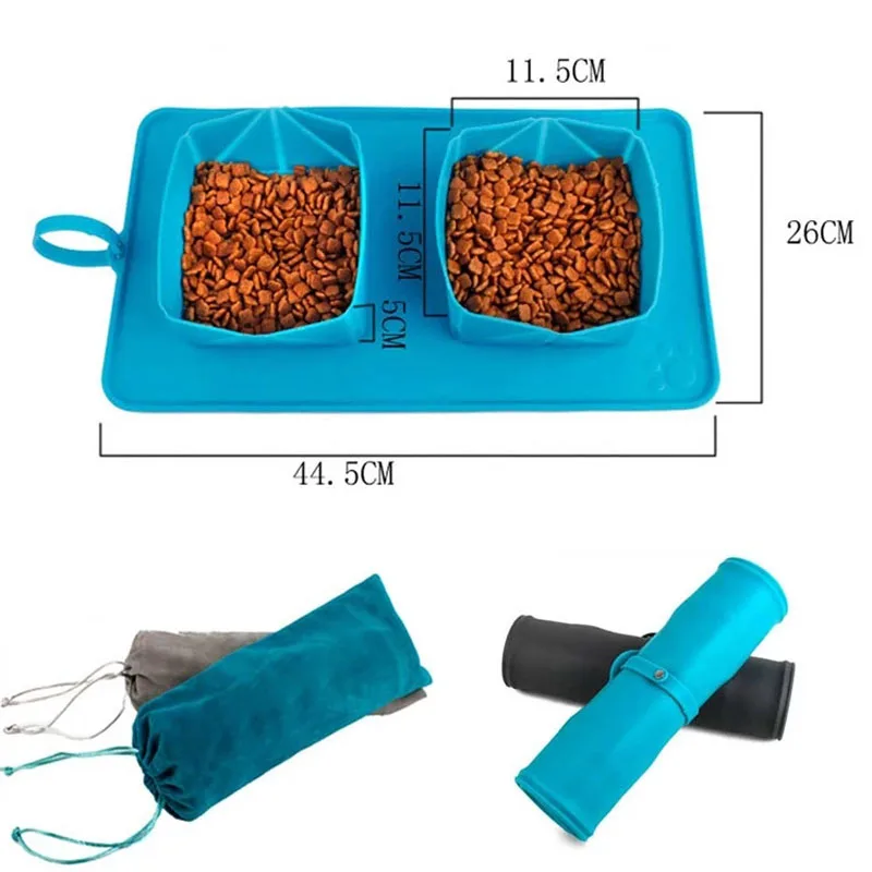 CONG FEE Pet Dog Food Water Double Bowl Travel Collapsible Silicone Non-Skid Mat Dish Cup