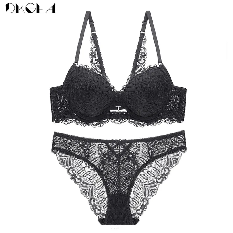 Top Sexy Bra Panties Set Embroidery Lingerie Thick Gray Lace Underwear Sets  Cotton Bras Push Up Black Women Brassiere Deep V