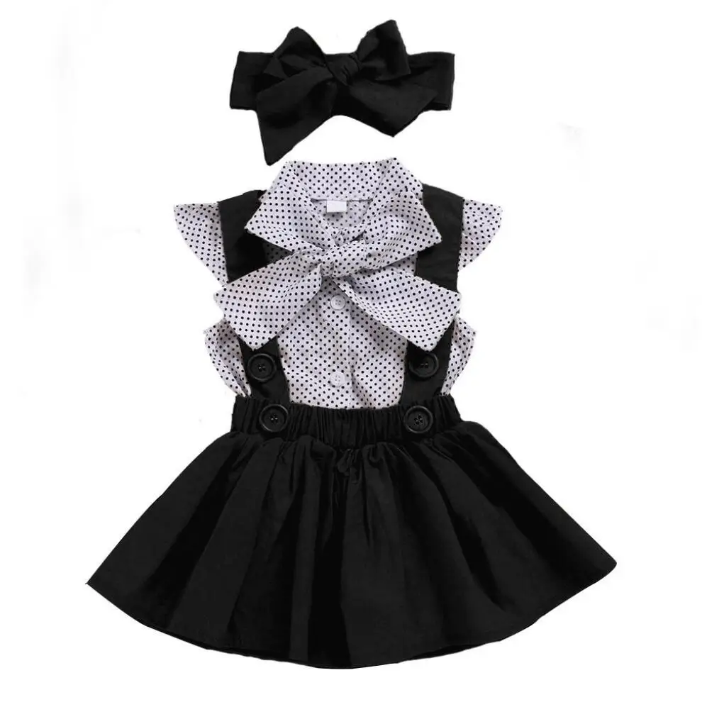 Summer Kids Clothes Suit Polt-Dot Short-Sleeved Shirts + Suspender Skirt Tops Toddler Girls Outfits Fashion Bow 3 Pcs Set | Мать и