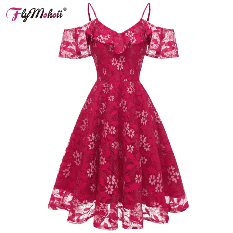 Plus Size Red Lace Summer Petal Sleeve Elegant Party Dress Floral Printed Women Slip Dresses Casual Mid-Calf Sexy Ball Gown | Женская