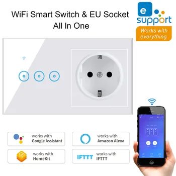 

EU Standard Socket & WiFi Touch Switch eWeLink Wall Switch EU Socket 1/2/3 Gang Smart interruptor Work with Alexa Google Home