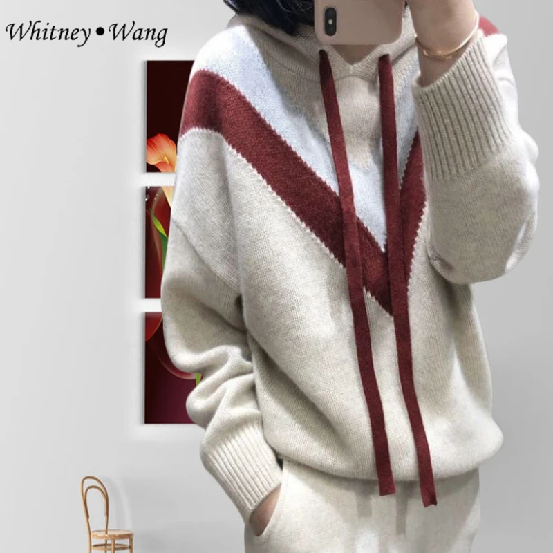 WHITNEY Ван осень-зима уличной моды Цвета контраст с капюшоном свитер женский джемпер на осень и зиму sueter mujer invierno