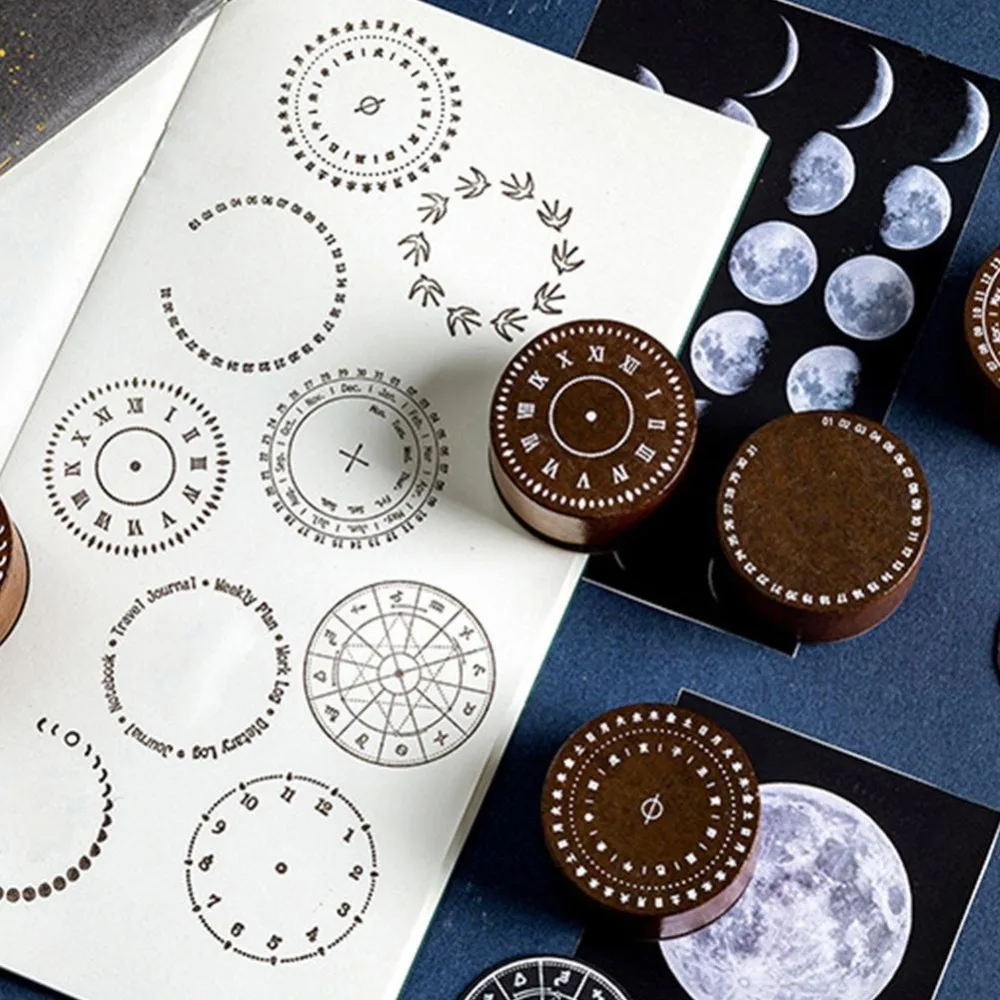 Винтажные часы с календарем и фазой Луны, круглые штампы, деревянные и резиновые штампы для скрапбукинга, канцелярские товары, стандартный штамп для скрапбукинга