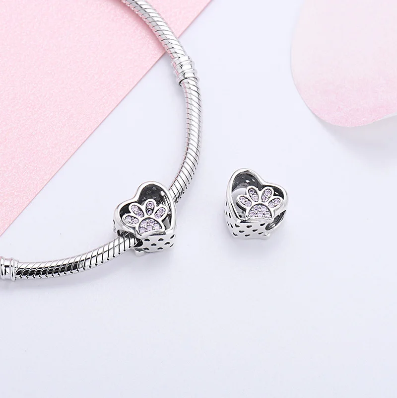 Strollgirl 925 пробы серебряные полые розовые циркониевые бусины сердце собачья лапа шармы в форме следа ноги подходят женские ювелирные изделия Пандора Браслет