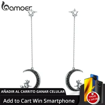

BAMOER Real 925 Sterling Silver Magic Witch in Moon Star Black CZ Long Drop Earrings for Women Sterling Silver Jewelry SCE287