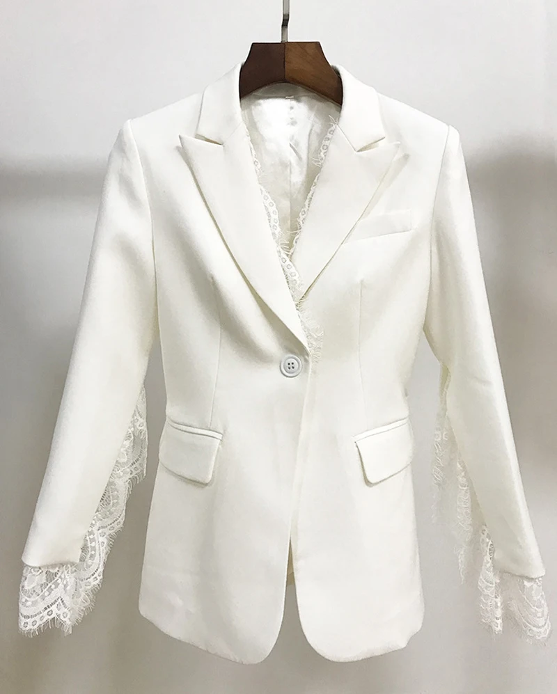 Высококачественная Осенняя черная и белая Офисная Женская куртка-блейзер с кружевным рукавом, однотонная верхняя одежда, пальто, женские Блейзеры Feminino - Цвет: white