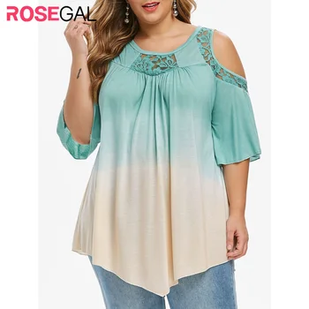 

ROSE GAL Plus Size Dip Dye Print Cold Shoulder Lace Insert T-Shirt Ombre Pattern Pointed Hem Tunic Long 2020 New Women T-Shirts