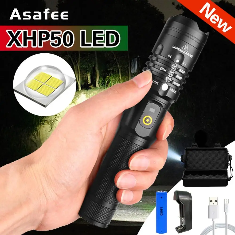 

LED Flashlight Ultra Bright Torch 18650 XHP50 LED 3 Modes USB charging High Power Zoomable Flashlight Rechargeable