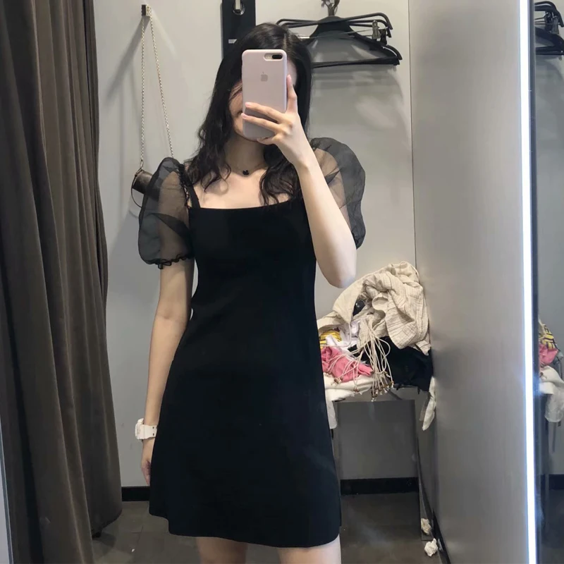 

2020 summer new zaraing black mesh puff sleeve knit dress