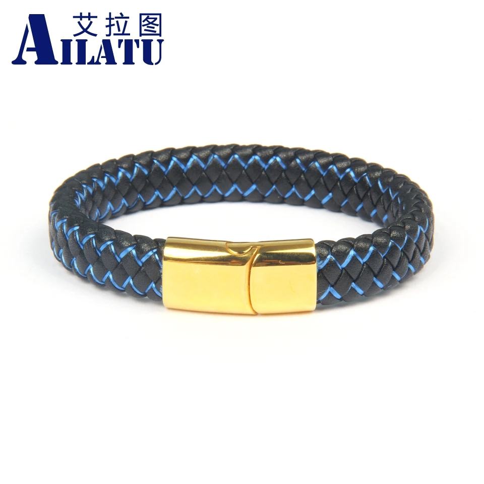 Ailatu New Genuine Blue String Braided Stainless Steel Bangles Magnet Buckle Rope Chain Male Gift