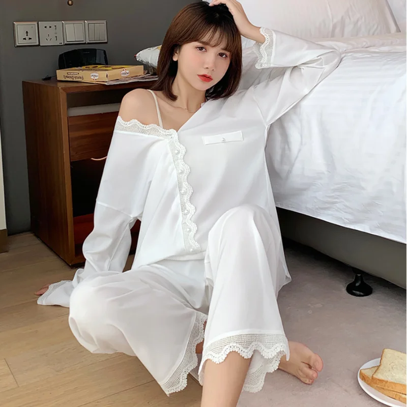 

Cotton Pajamas for Women Solid V-Neck Lace Sexy Sleepwear Comfortable and Breathable Home Clothes Pijama Two Piece Set Summer
