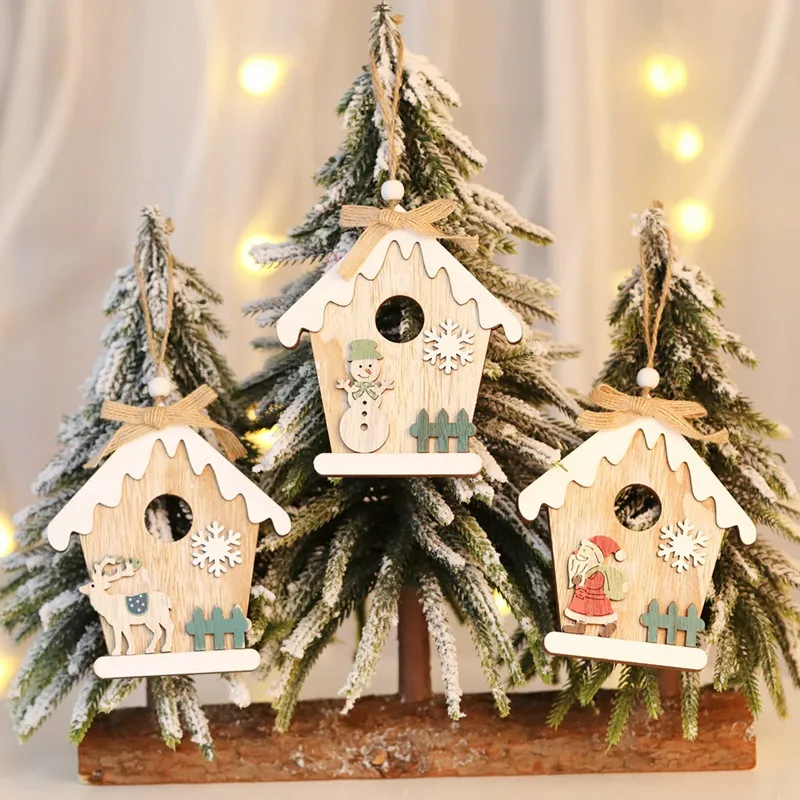 

1PC House Christmas Santa Claus Elk Snowman Wooden Pendants Ornaments Wood Material Xmas Tree Decorations DIY Decor Supplies