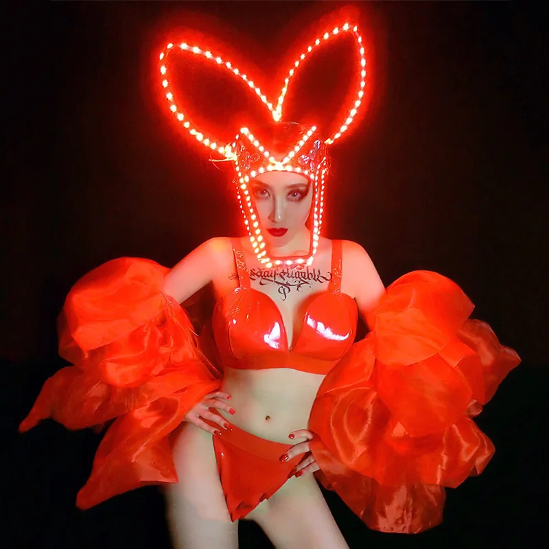 Nightclub Bar Female Singer Valentine'S Day Red Led Luminous Headdress Big Sleeve Bikini Suit Dj Ds Performance Clothing DN5902 |