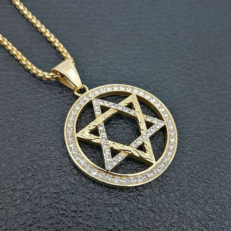 

Round Hexagonal Star Pattern Pendant Necklace Men's Necklace Bohemian Crystal Inlaid Metal Round Pendant Accessories Jewelry