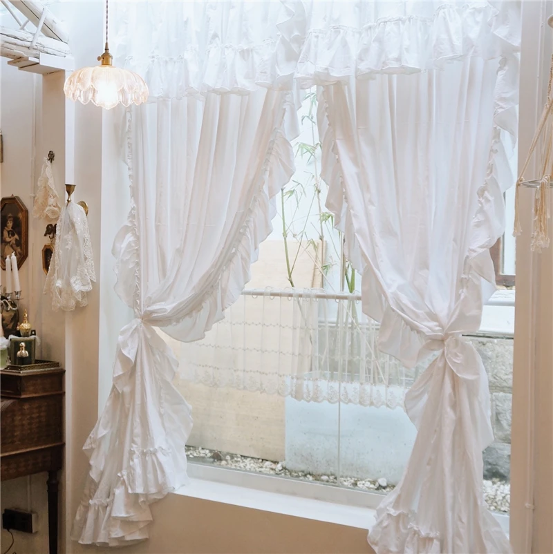 estilo frances cortinas de algodao branco com valance para sala estar babados haste bolso cor solida janela cortina para o quarto da menina