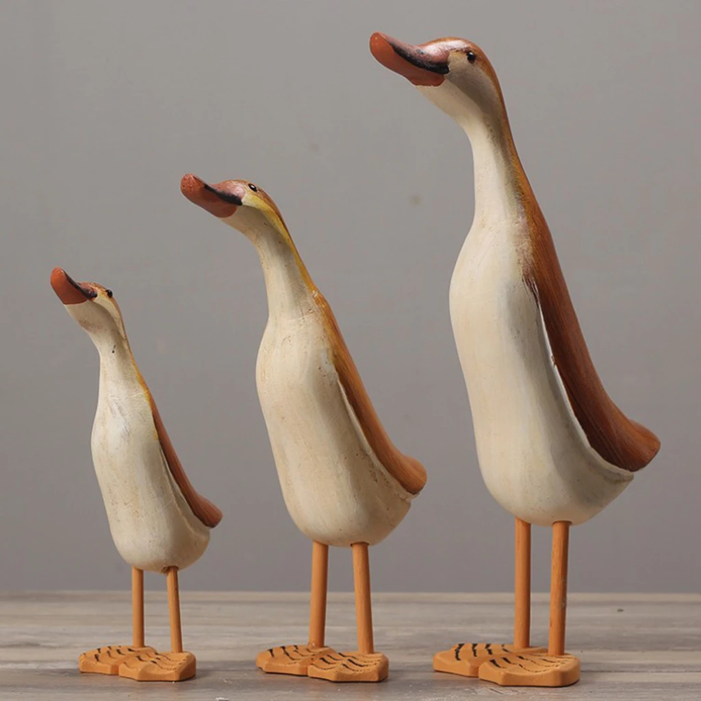3pcs/set Painted Duck Statues Garden Yard Lawn Decor Hand Made Wooden Crafts