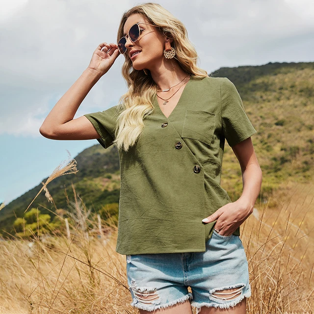 mero Chip Maestro Blusa verde militar de manga corta con botones oblicuos para mujer, blusa  elegante con cuello en V para primavera y verano, 2021 _ - AliExpress Mobile