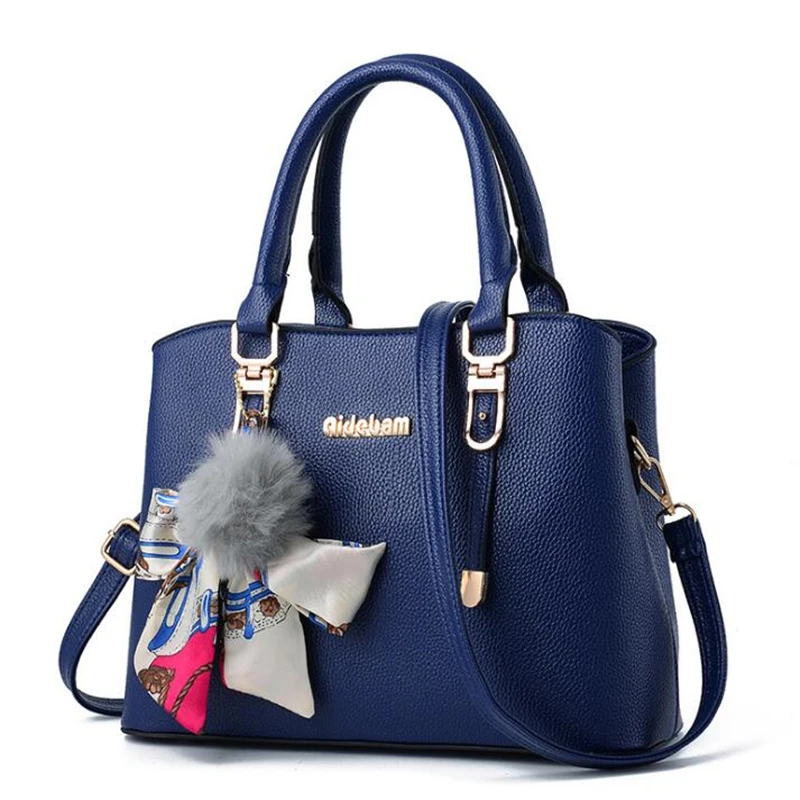 Новые сумки для женщин меховая лента с помпонами дизайнерская сумка с бантом женские кожаные сумки через плечо - Цвет: Blue