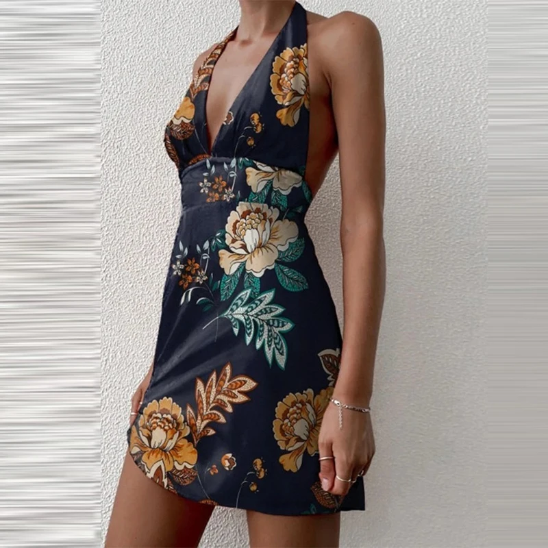 Vestido corto femenino de verano sin mangas con escote triangular, minivestido Sexy informal con estampado Vintage para mujer, espalda descubierta