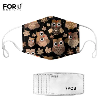 

Cartoon Owl Print Masks for Adult Child Masks and 7pcs Anti Dust Filter Woman/man Kids Face Masks PM2.5 Proof Face-muffle