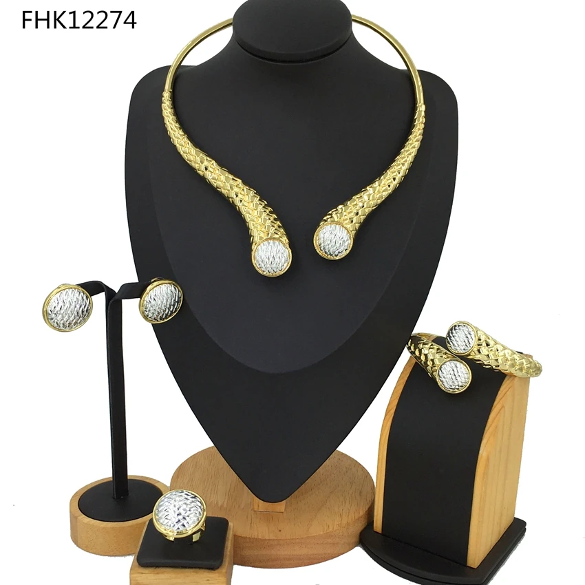

Hot Selling Brazilian Gold Luxury Copper Gold Plated Jewelry Set Italian Gold Four Jewelry Sets Women Party Wedding Gift