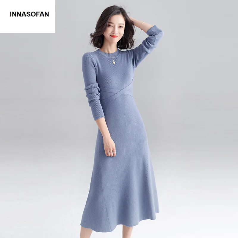 INNASOFAN knitted dress women Autumn Winter long-sleeved dress Euro-American fashion chic dress solid color